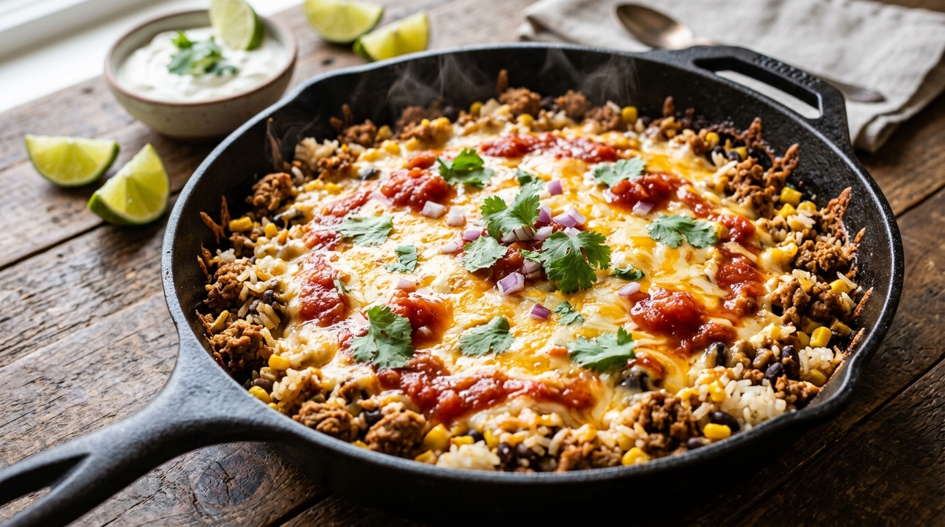 20-minute one-pan cheesy taco rice skillet with ground turkey, jarred salsa, melted cheese, and cilantro, steam rising.