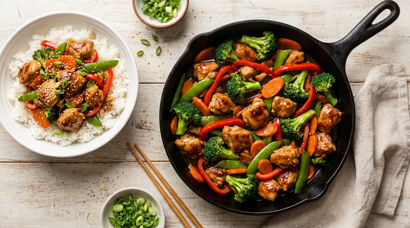 Overhead view of glossy honey garlic chicken stir-fry in a black cast iron skillet, with golden seared chicken pieces, bright green broccoli florets, red bell pepper strips, and snap peas coated in sticky caramelized sauce, served over steamed white rice in a white bowl beside the skillet, scattered sesame seeds and sliced green onion garnish, warm natural lighting, rustic wooden table background, cozy weeknight dinner scene, quick easy dinner recipe for tired moms.