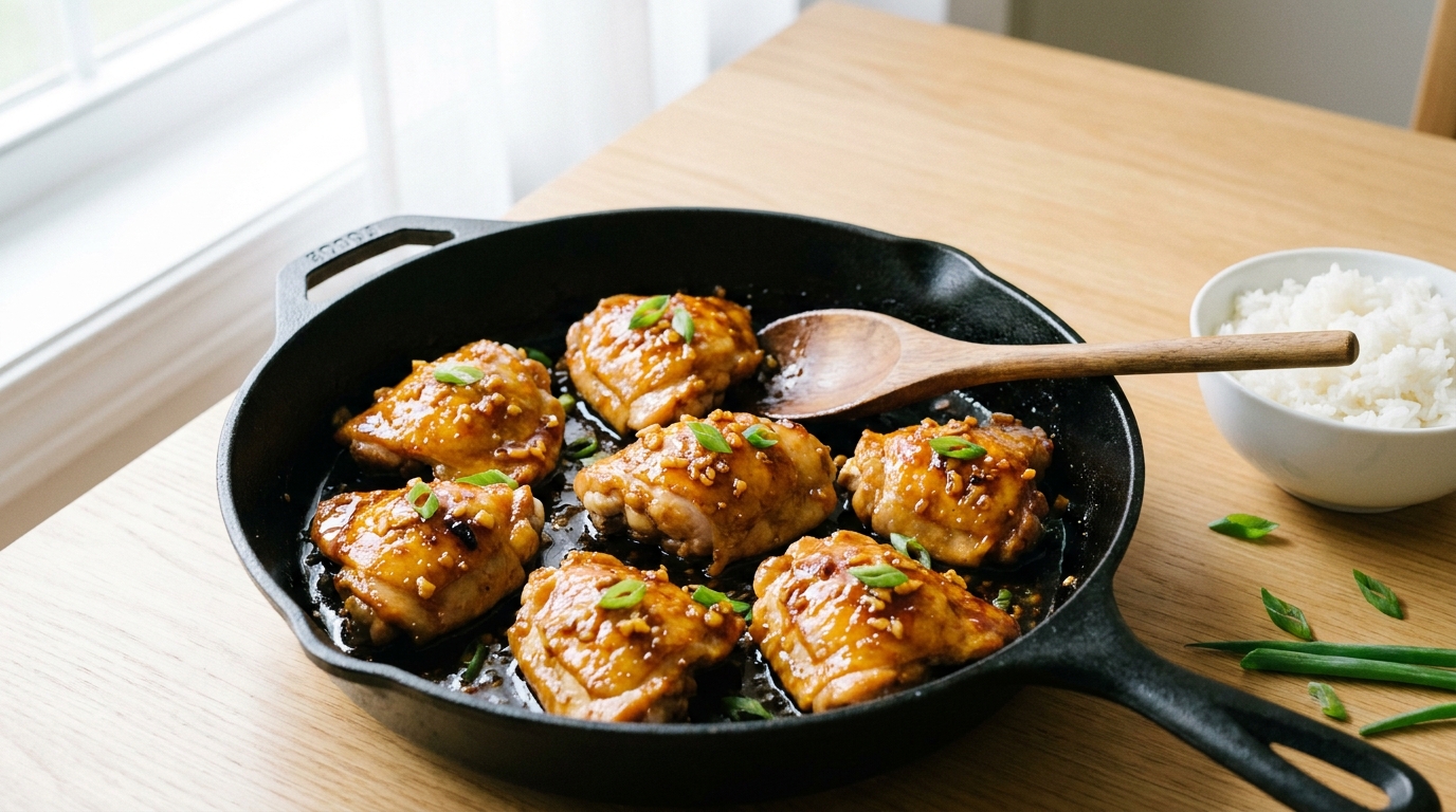 Honey garlic chicken thighs in a black skillet with glossy sticky glaze, served over white rice and topped with green onions — quick 10 minute one pot dinner for tired moms after practice
