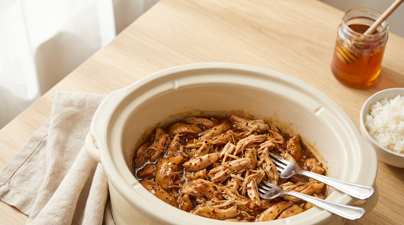 Shredded honey garlic chicken thighs in a black slow cooker with glossy sauce and sliced green onions on top — 5 minute prep dump-and-go dinner for tired moms with too many hands full