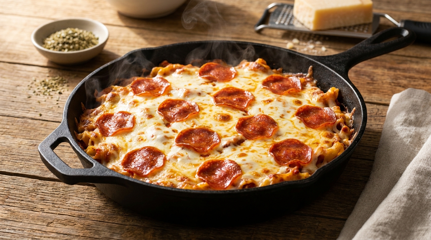 Close-up overhead shot of a black cast-iron skillet filled with bubbling cheesy pepperoni pasta, melted mozzarella stretching from a wooden spoon, steam rising, warm kitchen lighting, rustic wood background