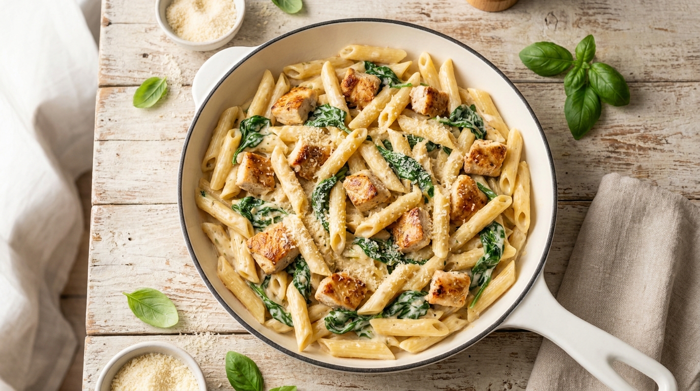 Overhead view of creamy one-pan chicken and spinach pasta in a white ceramic skillet, with penne noodles coated in silky parmesan sauce, wilted fresh spinach, and golden seared chicken pieces, topped with grated parmesan cheese on a rustic wooden table, warm natural lighting, cozy dinner scene, 15 minute dinner recipe for tired moms.
