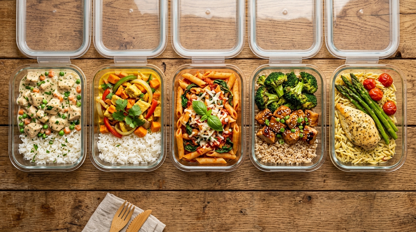 Overhead collage showing four different one-pan dinners: creamy orzo in a skillet, cheesy chicken and rice with broccoli, coconut curry over rice, and tomato spinach pasta, all arranged in a grid on a rustic wooden surface, warm lighting, no faces, no hands, no living things.