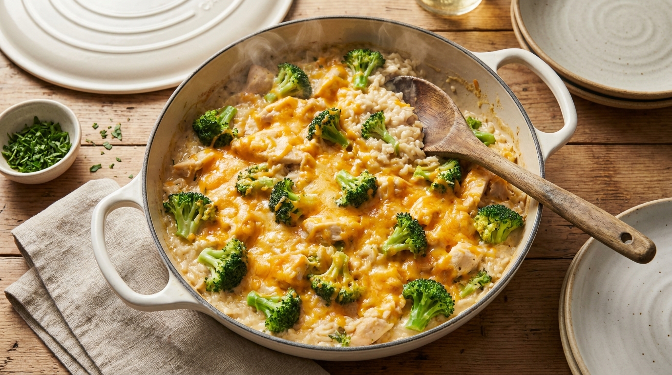 Overhead shot of creamy chicken and rice with broccoli in a white enamel cast iron skillet, melted cheddar cheese on top, steam rising, wooden spoon resting in the pan, rustic wooden table background, warm natural lighting, no faces, no hands, no living things.