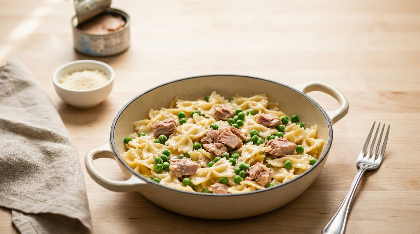 Creamy tuna pasta with bowtie noodles, green peas, and flaky tuna in a white skillet topped with grated parmesan and black pepper — quick 15-minute one-pot budget dinner recipe for tired moms