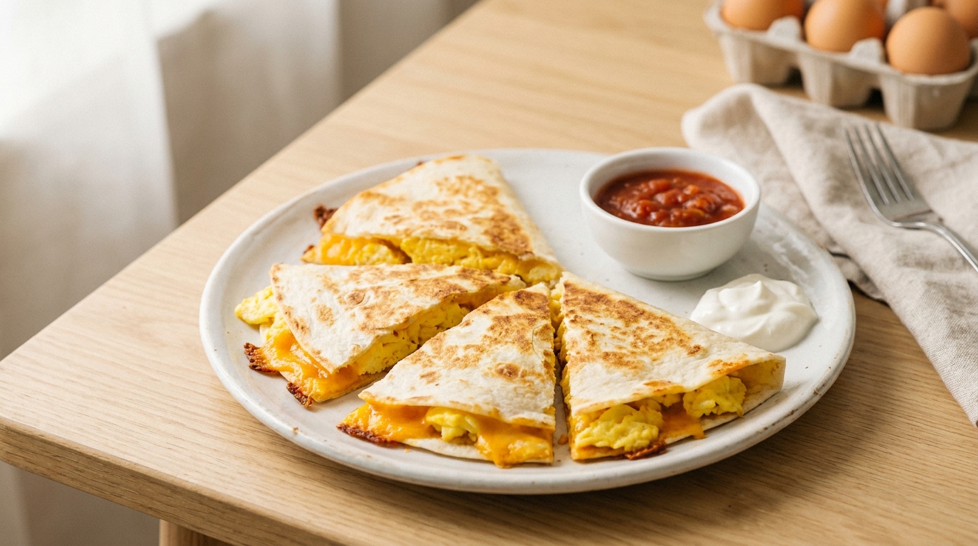 Golden crispy breakfast quesadilla cut into wedges with scrambled eggs and melted cheese visible, served on a white plate with salsa — quick 10 minute one pan dinner for tired moms too exhausted to cook