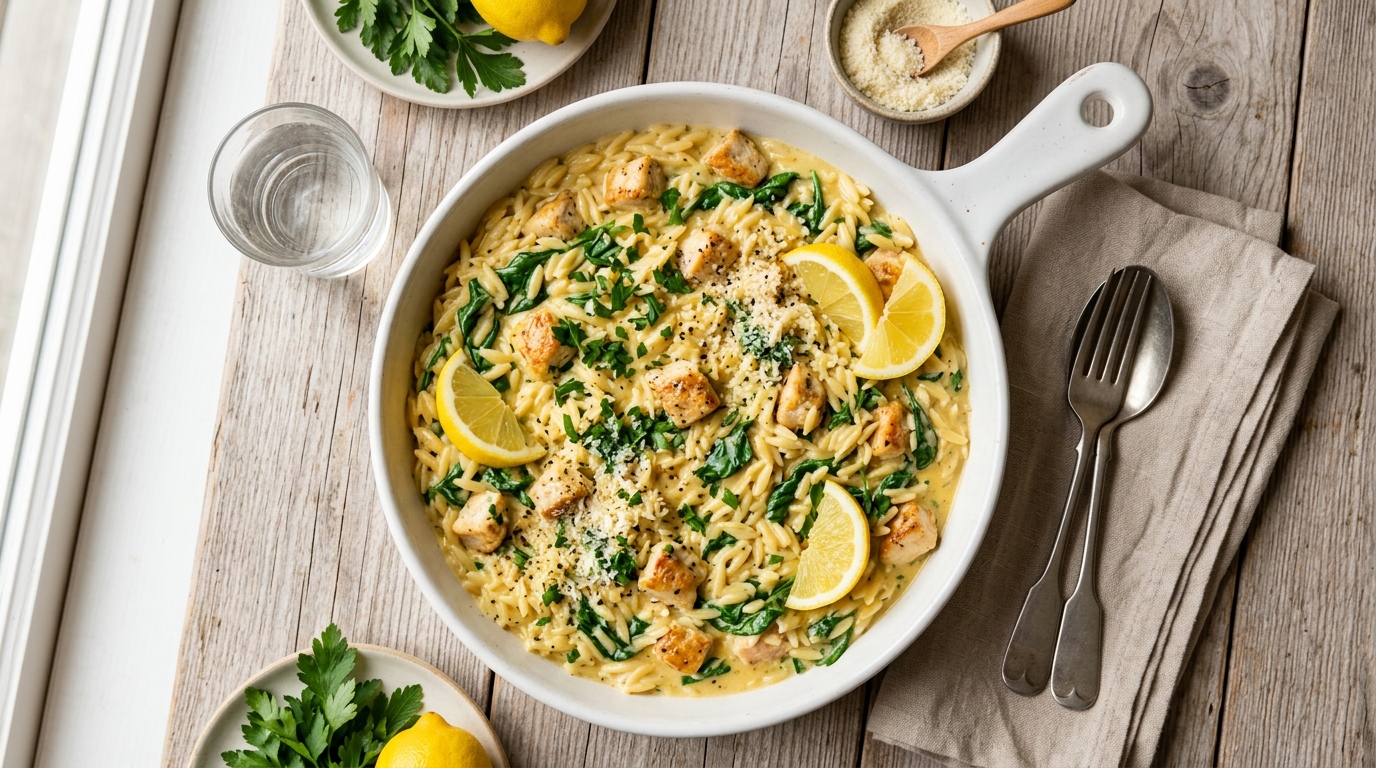 Overhead view of creamy lemon chicken orzo in a large white ceramic skillet, small rice-shaped orzo pasta coated in silky golden lemon parmesan sauce with wilted fresh green spinach leaves and golden seared diced chicken pieces, lemon wedges and chopped fresh parsley garnish, rustic light wooden table background, warm natural window lighting, cozy bright food styling, quick easy dinner recipe for tired moms, no people, no hands, no faces.