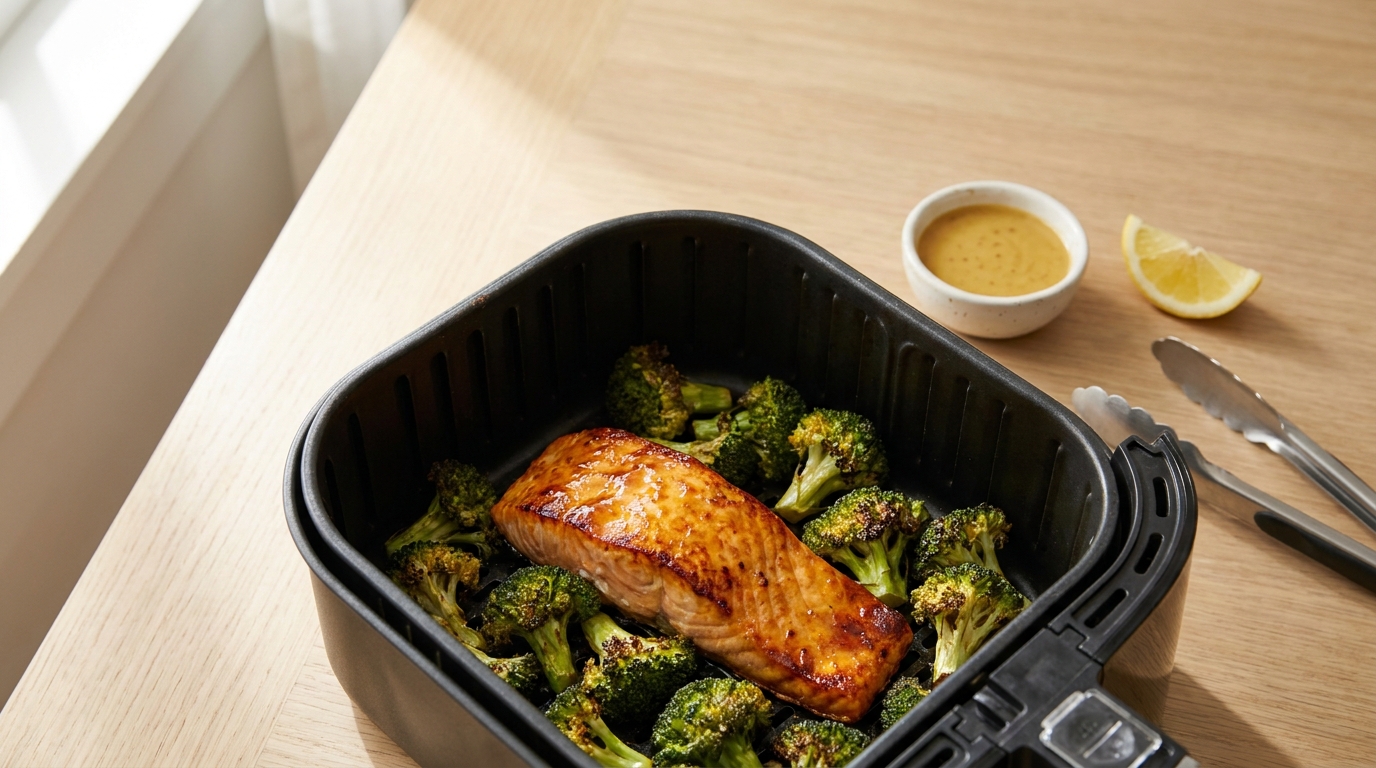 Golden honey mustard salmon fillet with crispy edges and charred broccoli florets in a black air fryer basket — quick 15 minute one-button dinner for tired moms who feel guilty about their unused air fryer