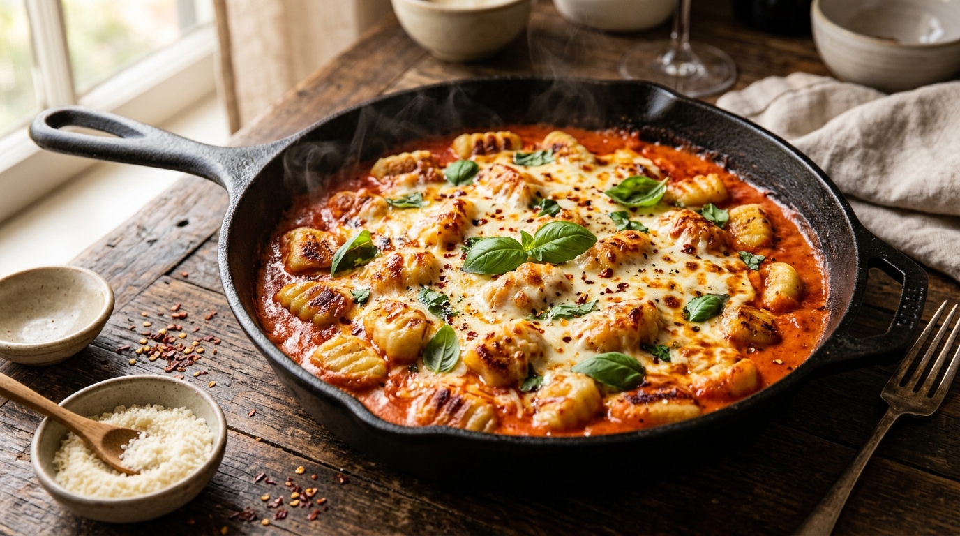 15-minute one-pan creamy tomato gnocchi with shelf-stable potato gnocchi, jarred marinara, heavy cream, and parmesan, steam rising from black skillet.