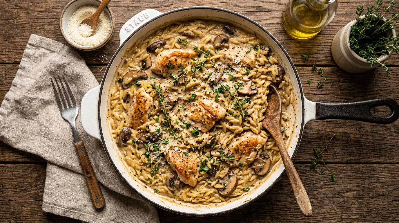 Overhead shot of creamy mushroom chicken and orzo in a white cast iron skillet, golden orzo coated in velvety mushroom sauce with tender chicken pieces, garnished with fresh thyme sprigs and cracked black pepper, rustic wooden table background, warm natural lighting, no faces, no hands, no living things.