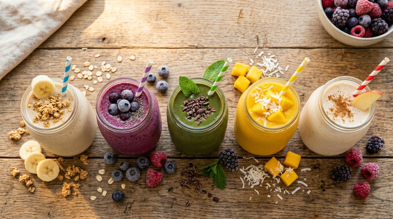 Overhead shot of five different breakfast smoothies in mason jars arranged in a row on a rustic wooden surface: peanut butter banana, berry oat, chocolate spinach, tropical mango, and cinnamon apple, each with a different colored straw, warm morning lighting, no faces, no hands, no living things.