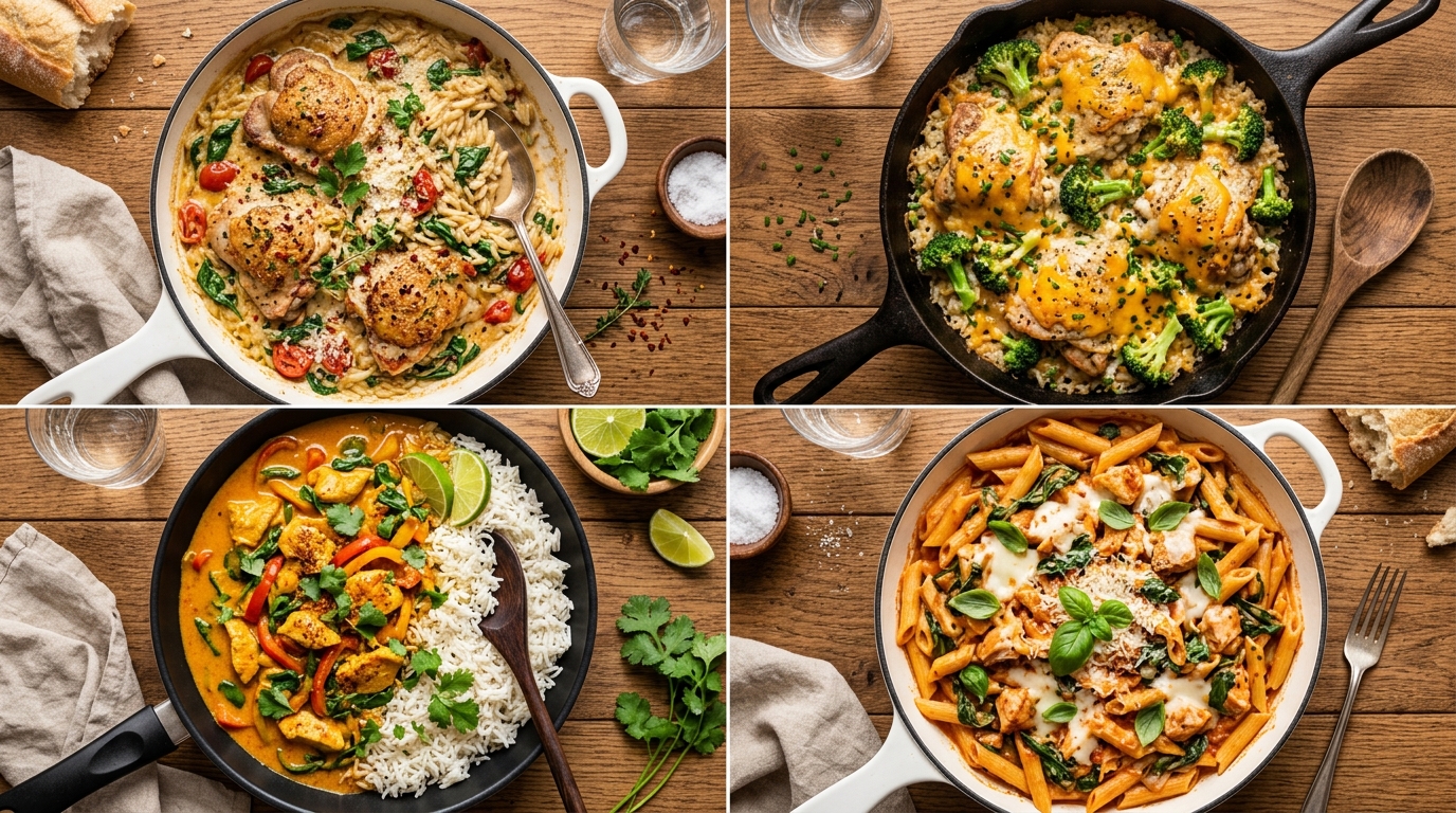 Overhead collage showing four different one-pan dinners: creamy orzo in a skillet, cheesy chicken and rice with broccoli, coconut curry over rice, and tomato spinach pasta, all arranged in a grid on a rustic wooden surface, warm lighting, no faces, no hands, no living things.