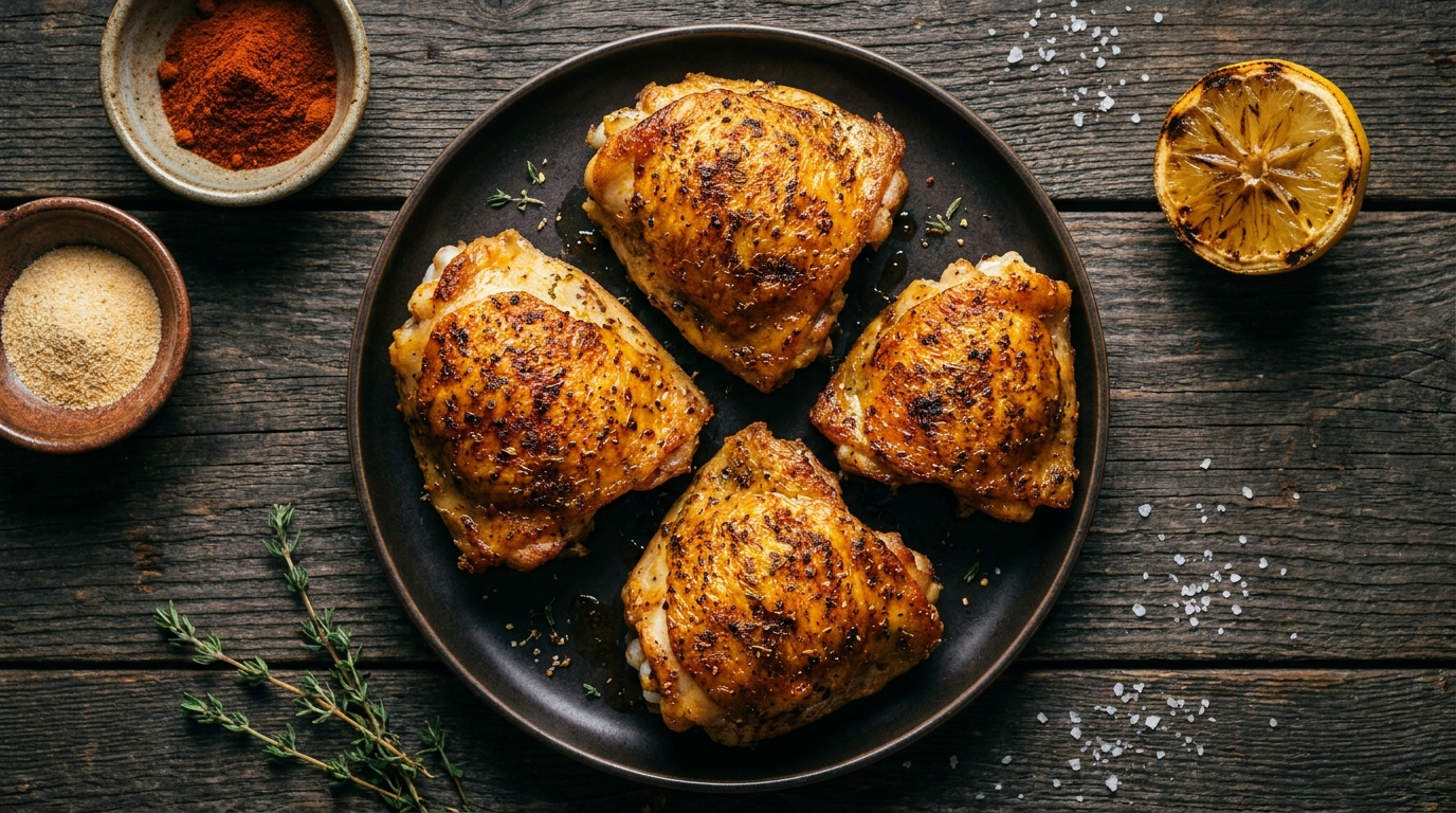 Overhead flat lay of golden crispy air fryer chicken thighs on a dark ceramic plate surrounded by small bowls of paprika garlic powder and a lemon half on a rustic wooden table