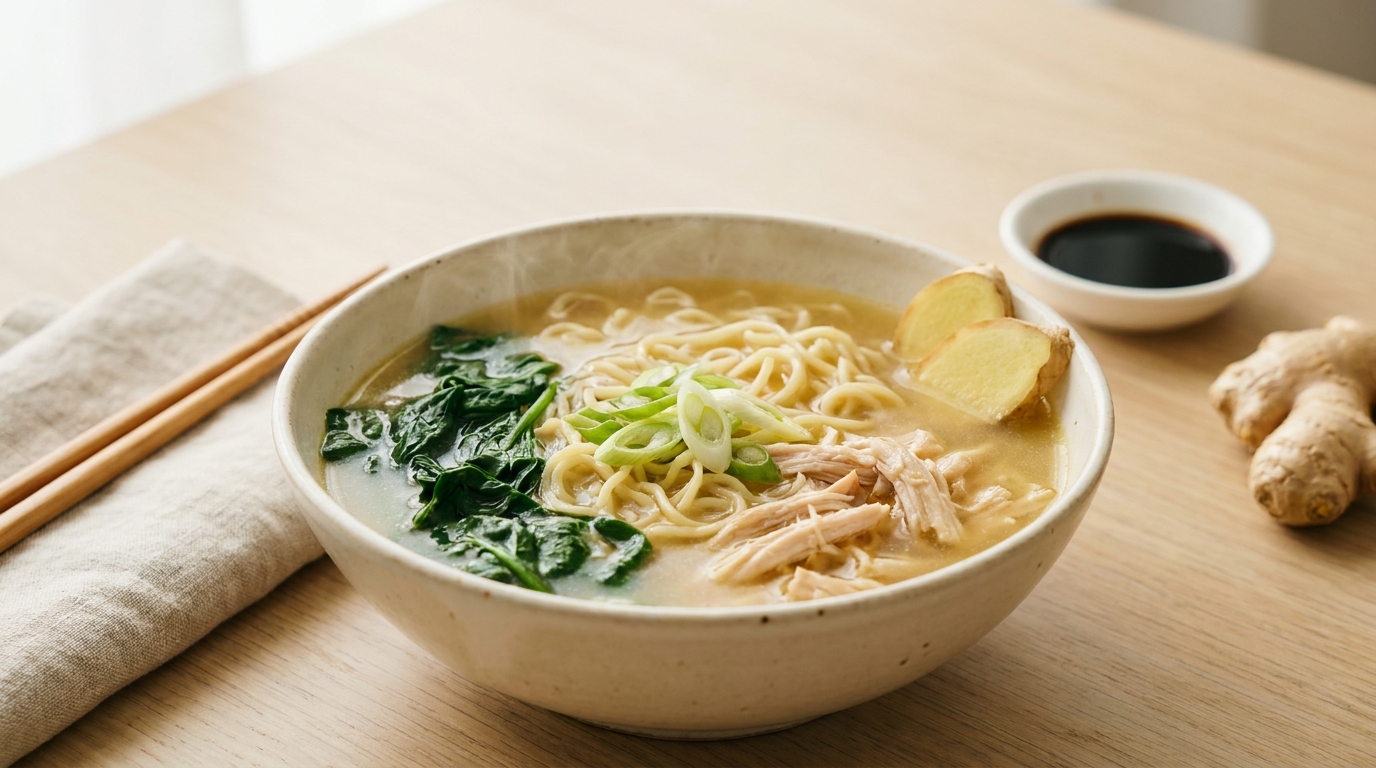 Healing ginger chicken noodle soup in a white bowl with ramen noodles, shredded chicken, spinach, and green onions in a golden ginger broth — quick 15 minute one pot sick day dinner for tired moms