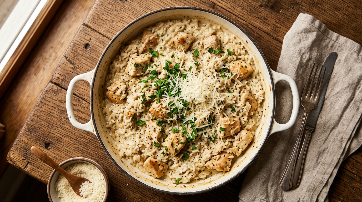 Overhead shot of creamy garlic parmesan chicken and rice in a white enamel cast iron skillet, fluffy rice coated in buttery garlic sauce with tender chicken pieces, topped with a mountain of grated parmesan and fresh parsley, rustic wooden table background, warm natural lighting, no faces, no hands, no living things.