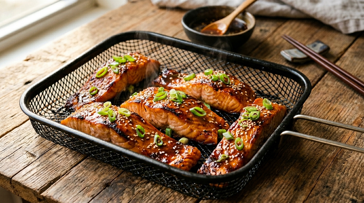 15-minute air fryer honey garlic salmon with sticky caramelized glaze, crispy edges, green scallions, and sesame seeds, steam rising from basket.