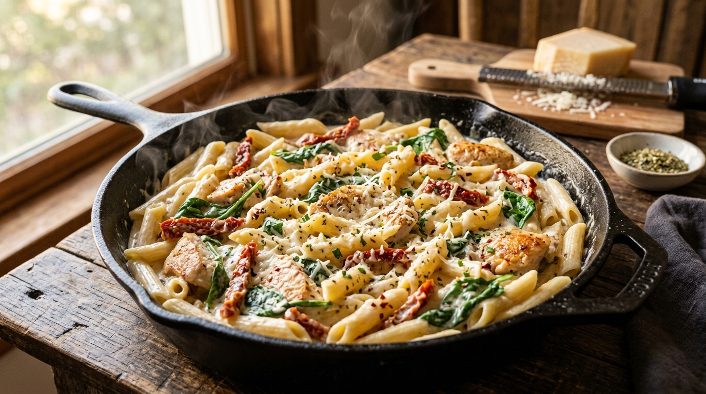 20-minute one-pan creamy sun-dried tomato chicken pasta with wilted baby spinach and parmesan, glossy red and white sauce, steam rising.