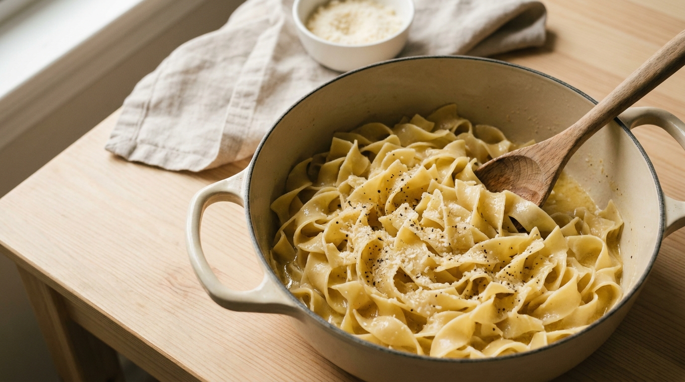 Buttered egg noodles with parmesan in a white pot, soft wide noodles coated in melted butter and cheese — simple 20 minute one pot dinner for grieving moms when food feels meaningless