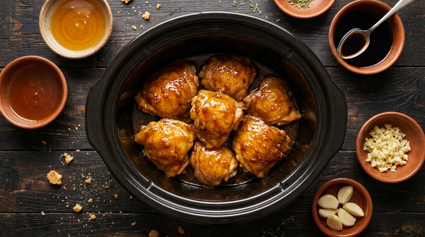 Slow Cooker Honey Garlic Chicken Thighs 5 Minutes of Prep Dinner Done