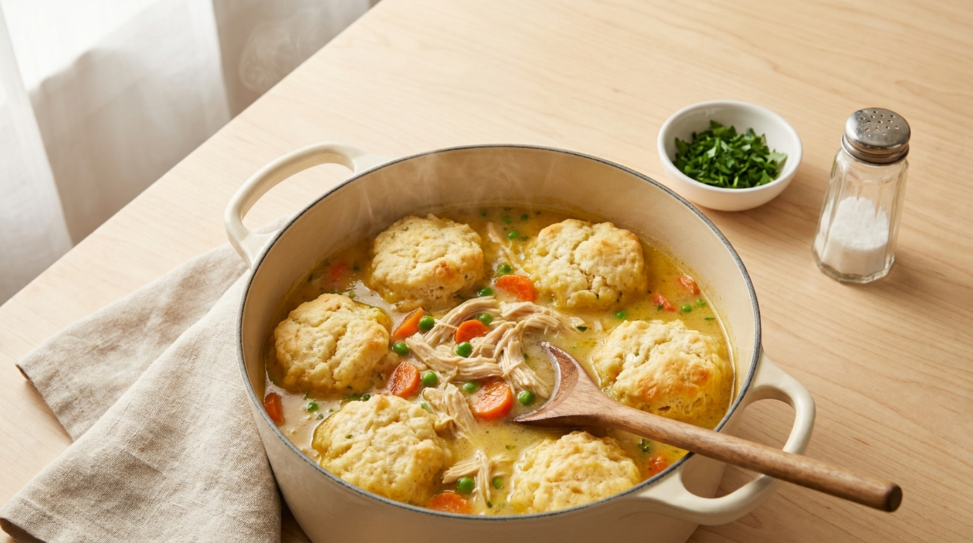 Creamy chicken and dumplings in a white Dutch oven with fluffy golden biscuit dumplings floating in rich broth, shredded rotisserie chicken, carrots, and peas visible — quick 15-minute one-pot comfort dinner recipe for tired moms