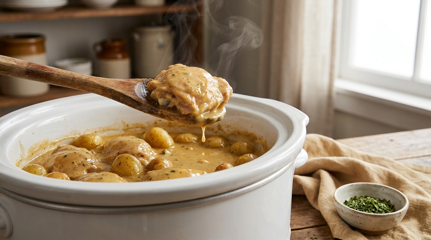 Slow cooker filled with creamy ranch chicken and golden baby potatoes, wooden spoon lifting a tender chicken thigh, steam rising, cozy kitchen counter with soft natural light, warm beige and cream tones