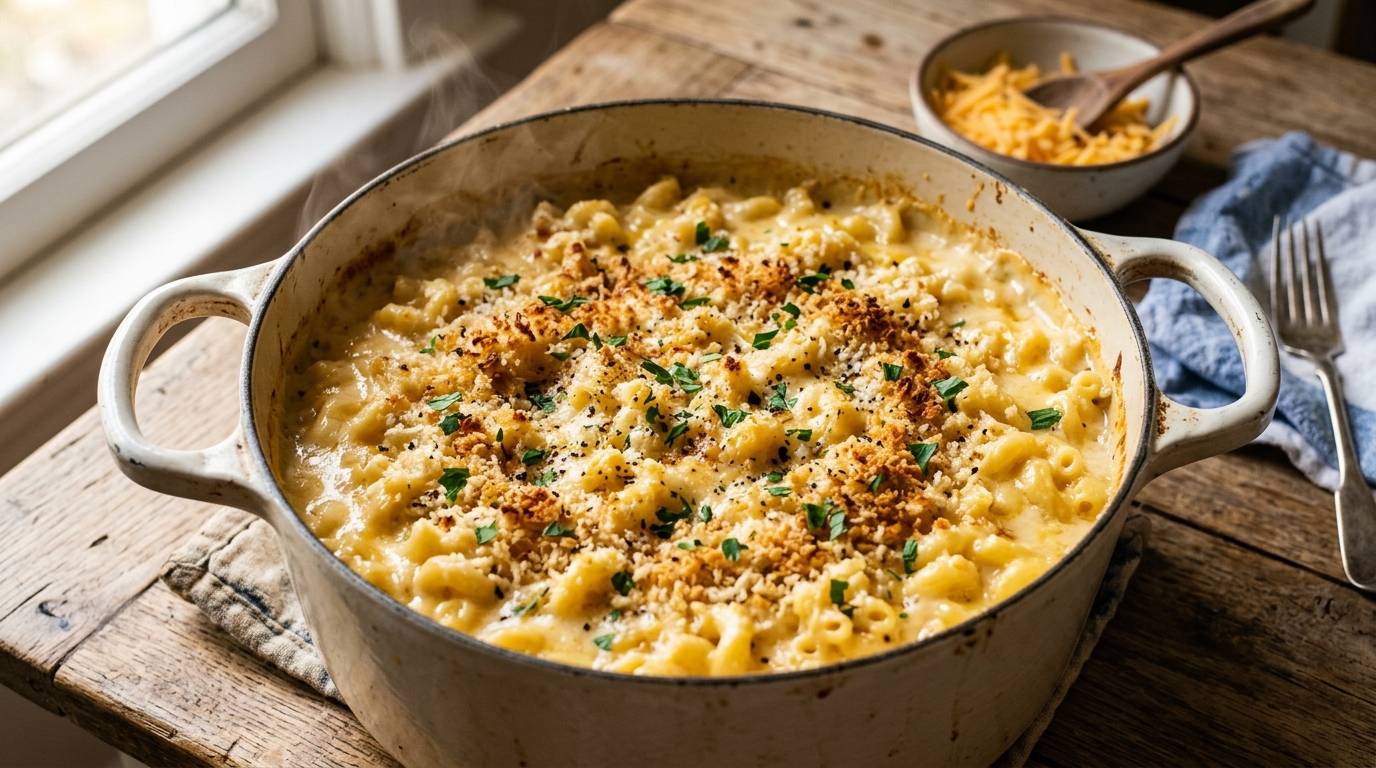 15-minute one-pot creamy mac and cheese with golden breadcrumb topping, melted cheddar, and steam rising.