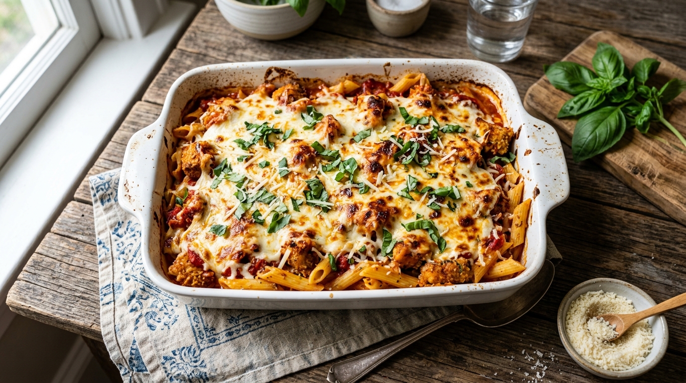 Easy Chicken Parmesan Casserole baked with pasta, marinara sauce, mozzarella cheese, and shredded chicken in a casserole dish.