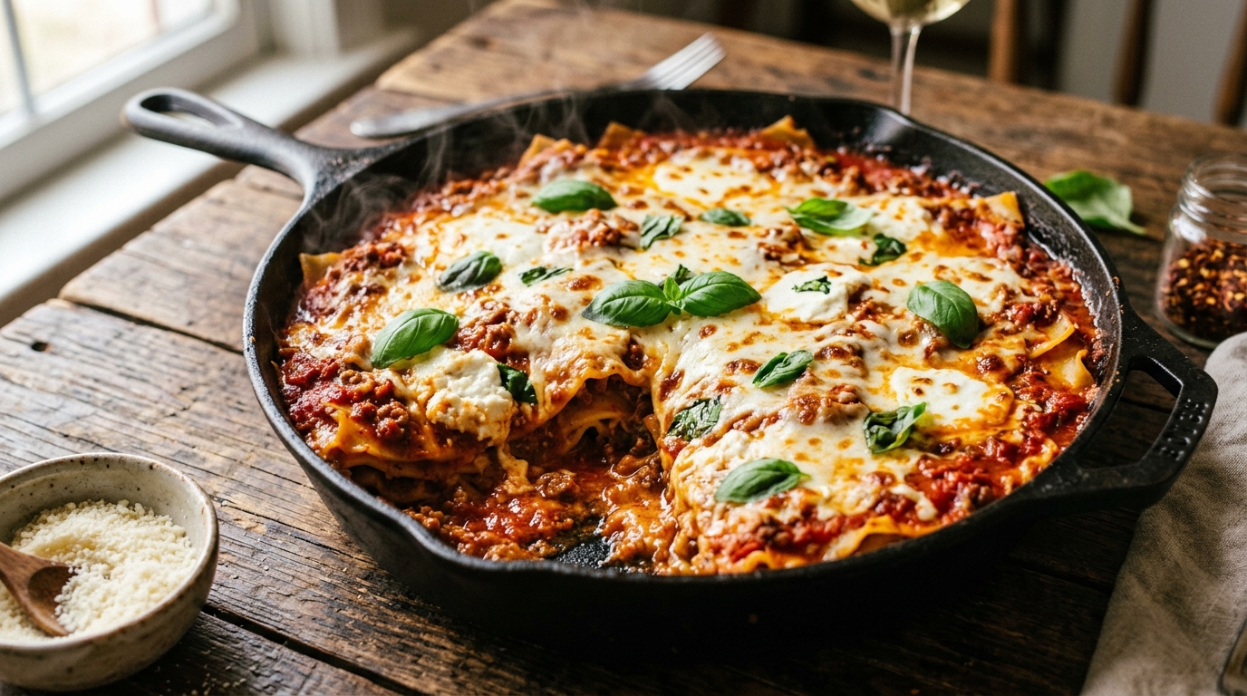25-minute one-pan skillet lasagna with no-boil noodles, jarred marinara, ricotta, and melted mozzarella, steam rising from black skillet.