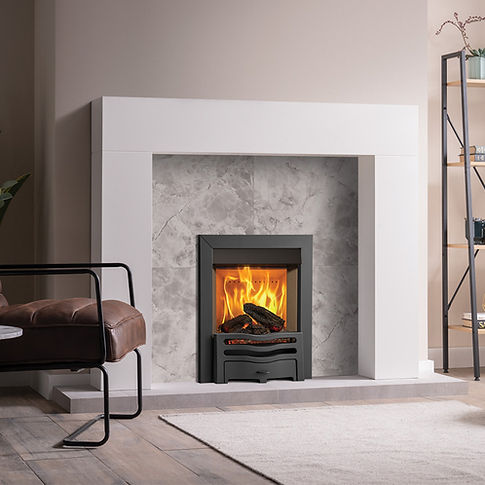 Mirage-40i-Electric-with-Black-Wave-front Shown-with-white-Malmo-wooden-mantel ONYX