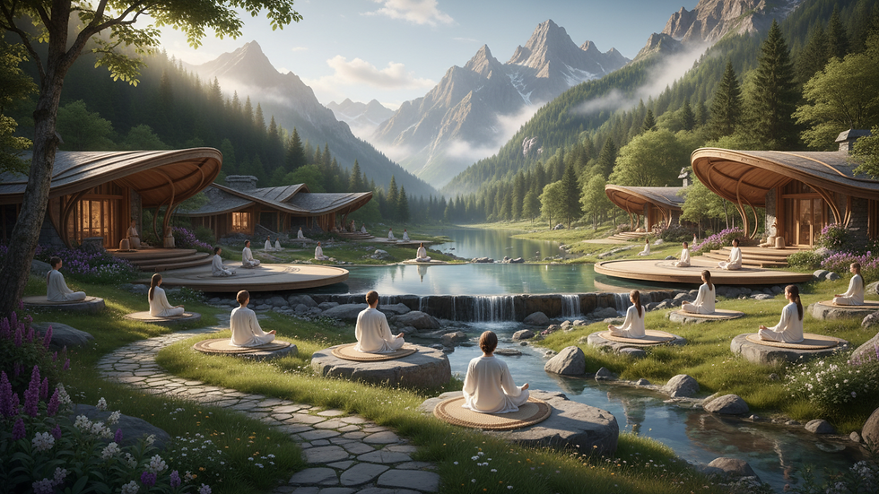 Wide angle view of a tranquil mountain retreat surrounded by greenery