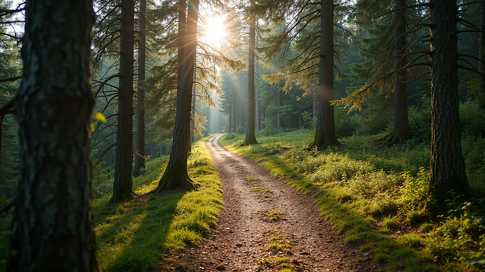 Wide angle view of a beautiful hiking trail surrounded by trees