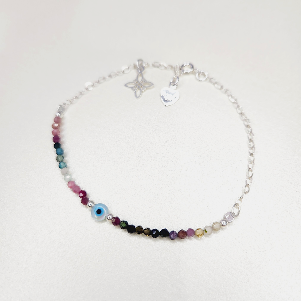 Thumbnail: Pulsera de Turmalina Sandía con Dije Ojo Turco y Nudo de Bruja Plata 925