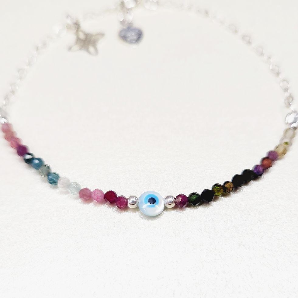 Miniatura: Pulsera de Turmalina Sandía con Dije Ojo Turco y Nudo de Bruja Plata 925