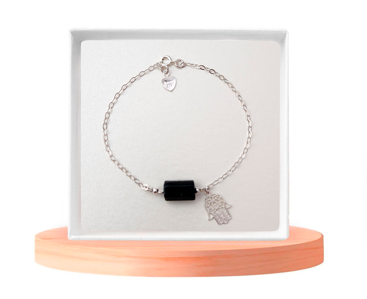 Pulsera Para Mujer De Turmalina Negra y Mano Hamsa Plata Ley 925 Protección