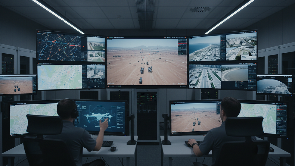 Eye-level view of security control room monitoring drone activity