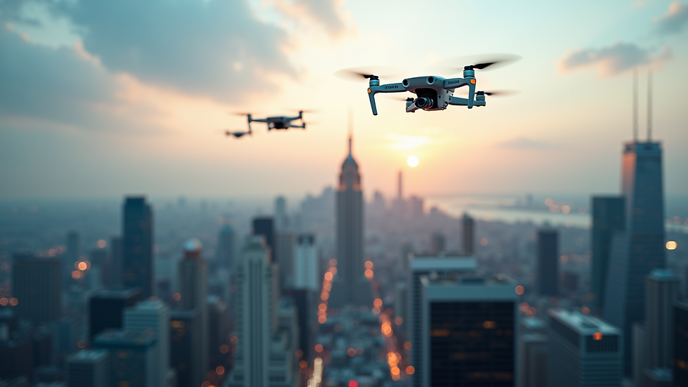Eye-level view of a city skyline with drones flying above
