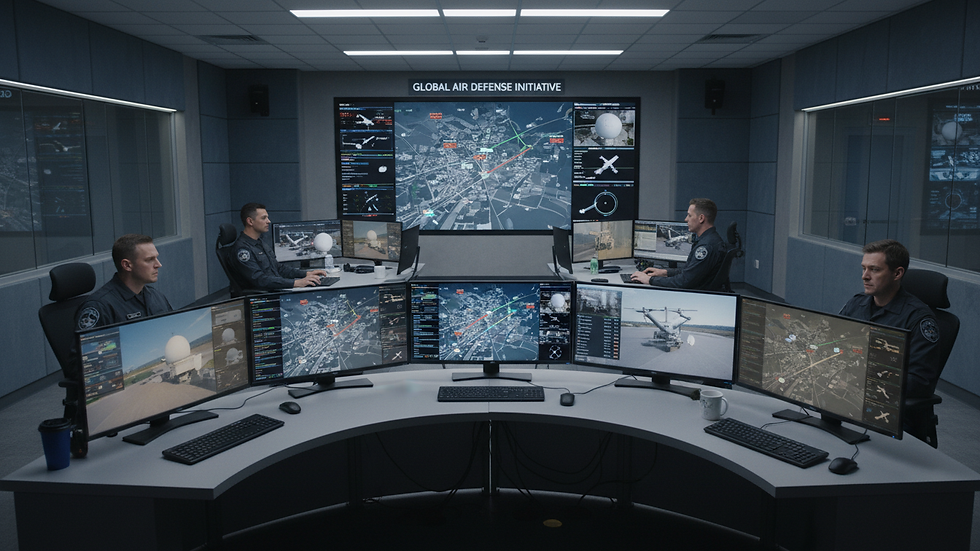 Eye-level view of a security control room with multiple screens monitoring airspace