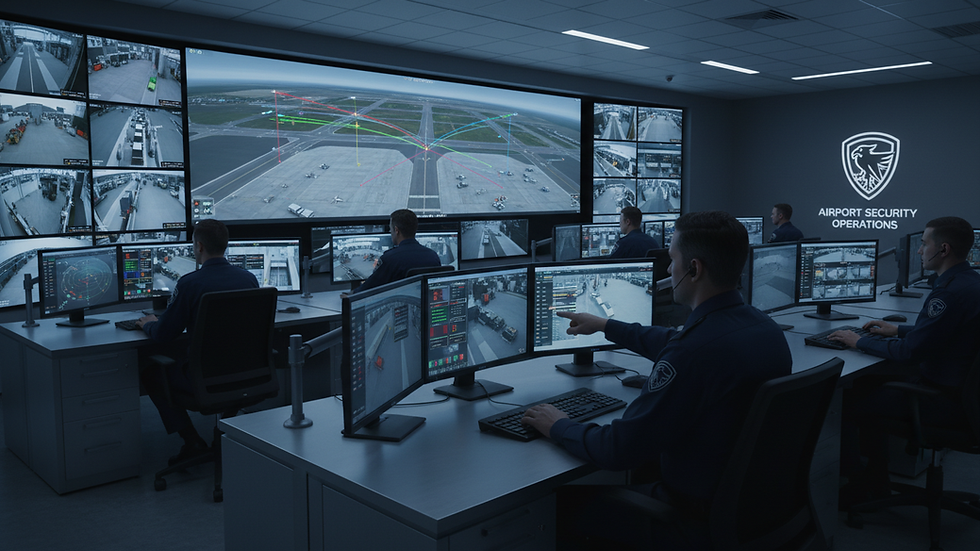Eye-level view of airport security control room with multiple screens monitoring airspace