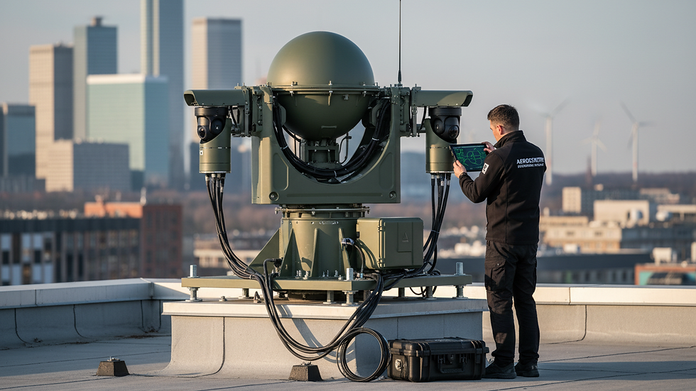 Eye-level view of a drone detection system installed on a rooftop