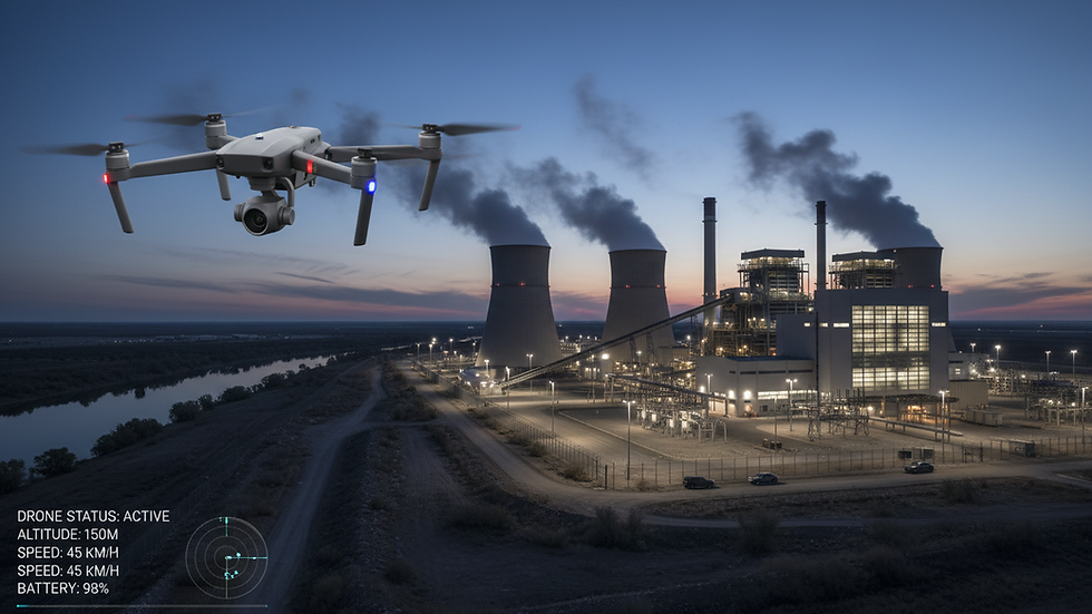 High angle view of a drone flying near a power plant