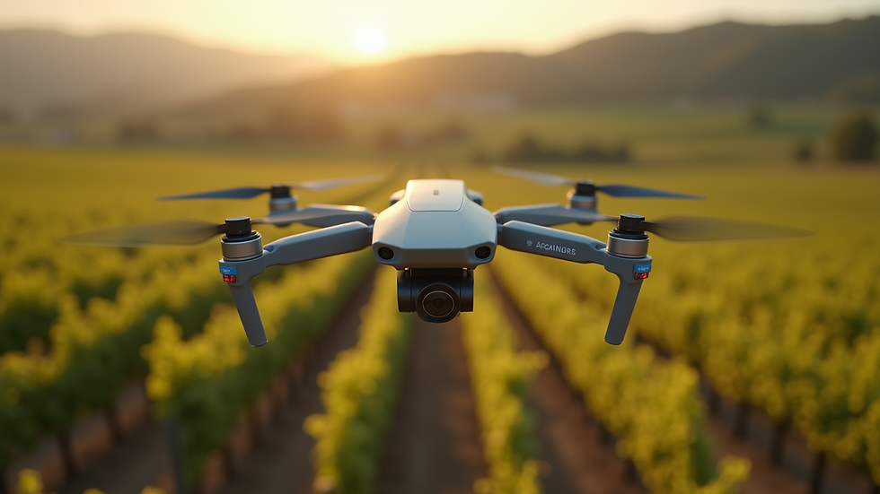 Close-up view of a drone equipped with multispectral sensors flying over a vineyard