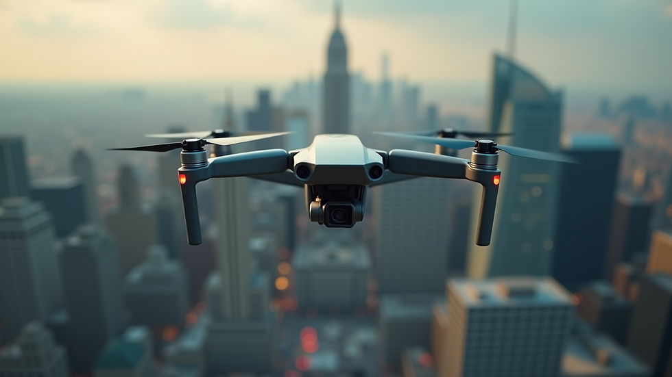 High angle view of a drone flying over a cityscape
