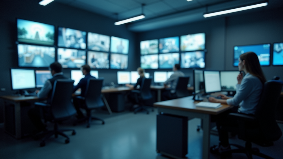 Eye-level view of a security control room with multiple surveillance monitors