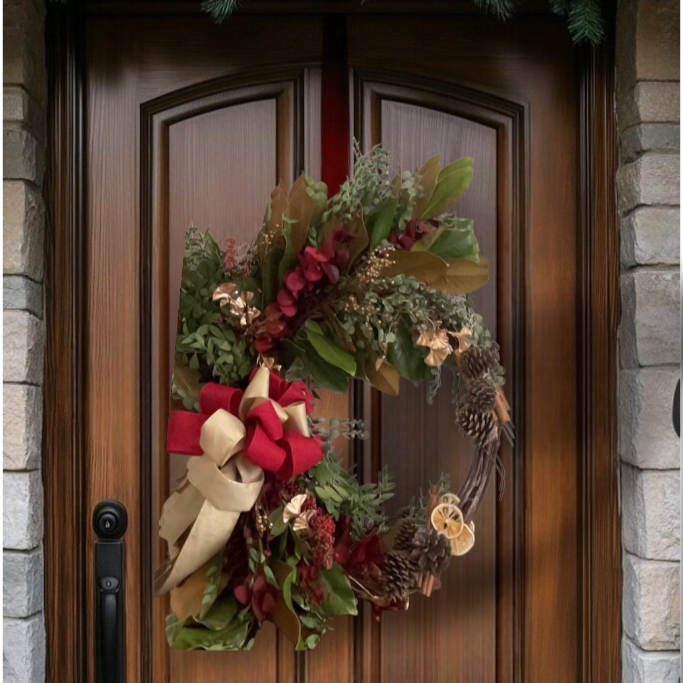 Corona decorativa de navidad elaborada con elementos naturales y diseño artesanal