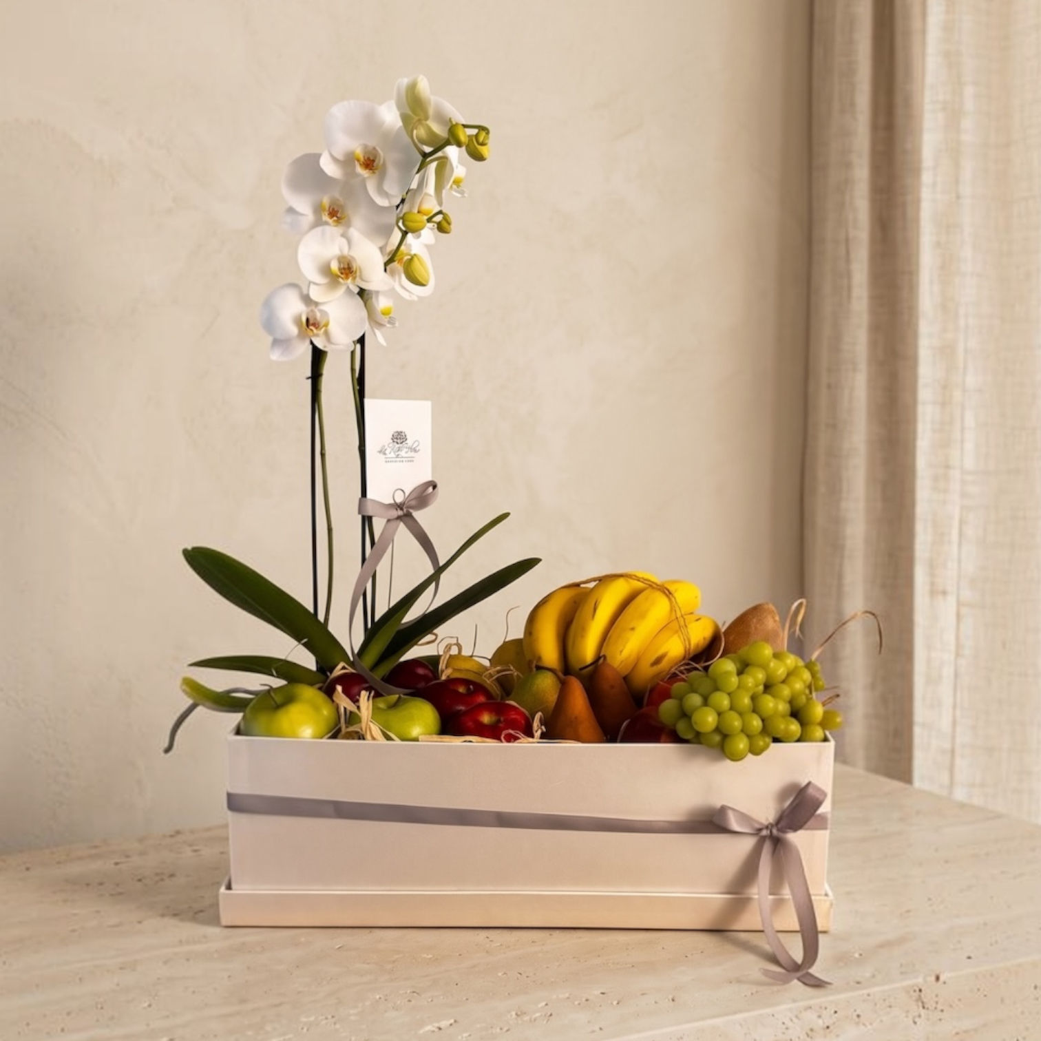 Belle Saison Caja frutal premium con planta de orquídea