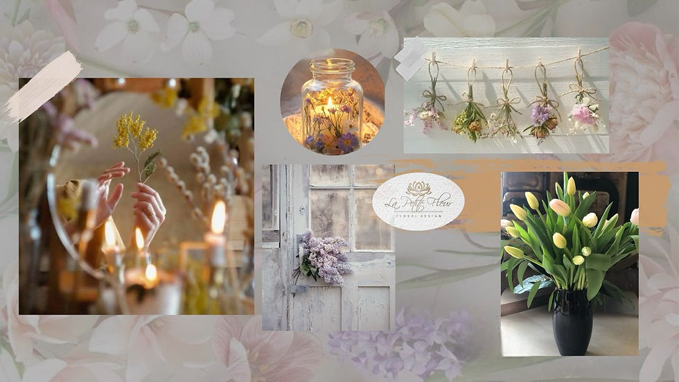 Composición floral de verano con tulipanes, velas, flores preservadas y diseño botánico en armonía