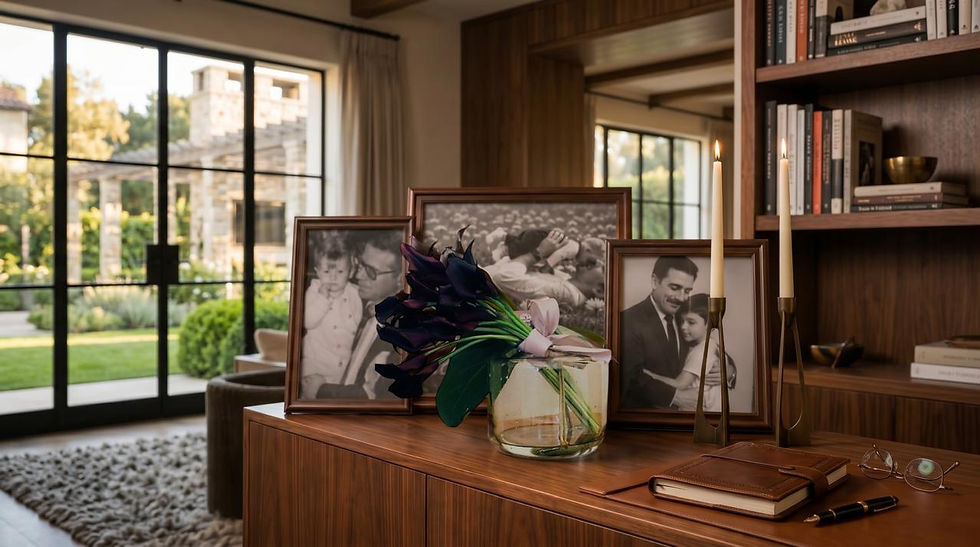 Flores para hombres: arreglo de calas negras acompañado de fotografías familiares que representan amor, admiración y gratitud hacia padres, abuelos, esposos e hijos.