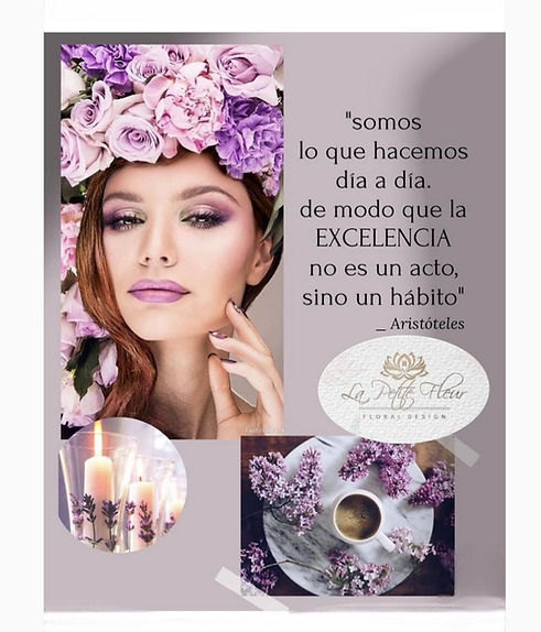 Retrato femenino con corona de flores y frase de Aristóteles sobre la excelencia, identidad visual de La Petite Fleur Floral Design
