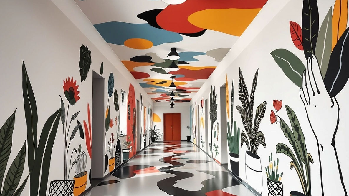 The perspective of a hall all painted, even the roof and the floor as a mural colorful tha