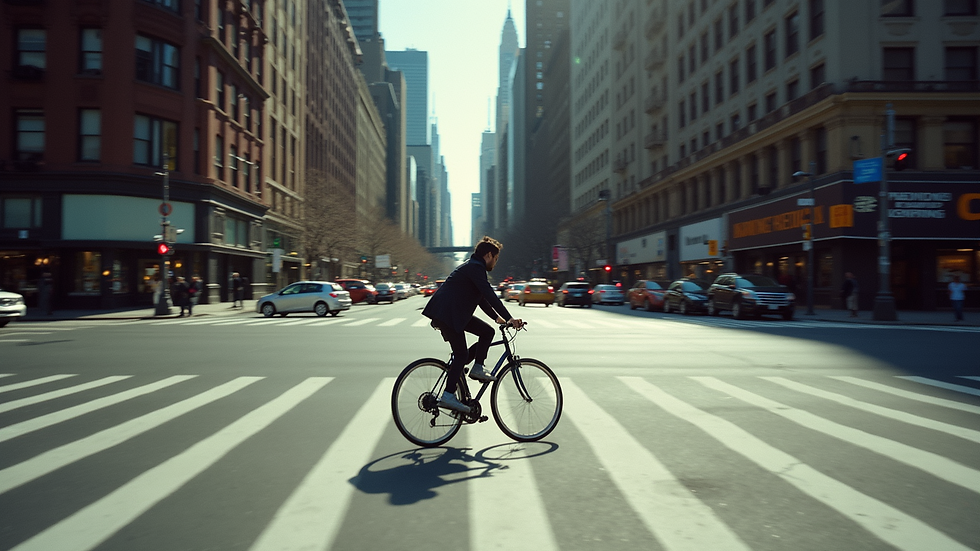 High angle view of a cyclist riding through a busy New York City intersection